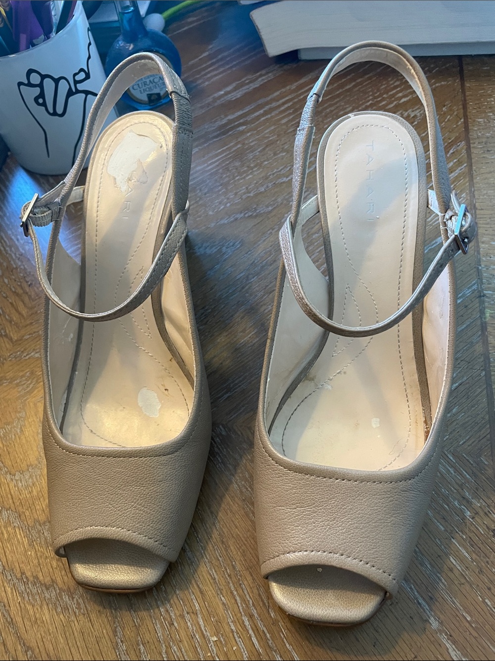 Tahari open toe sling back wedge